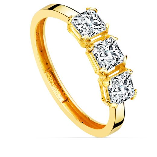 18K Sortija Oro Amarillo Tresillo Circonita Princesa 4X4 Mm