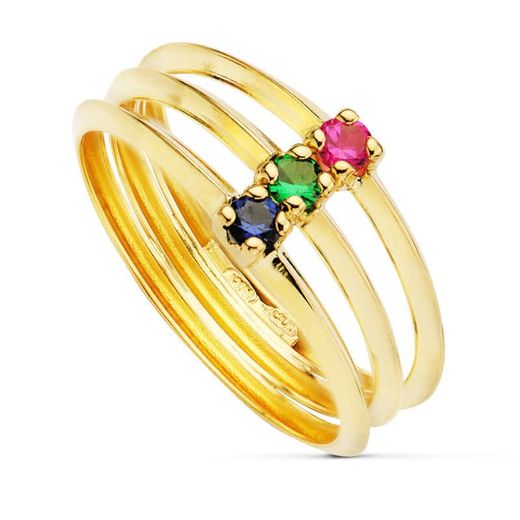 18K Sortija Oro Amarillo Triple Cuerpo Con Circonita De Colores