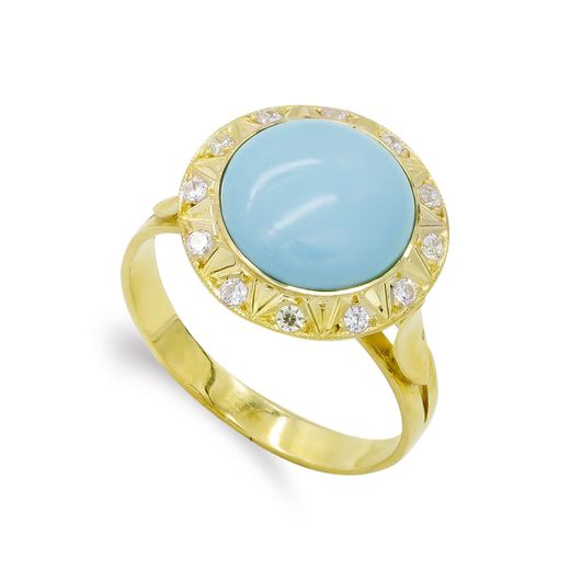 18K Sortija Oro Amarillo Turquesa Fina Y Circonita 14 Mm