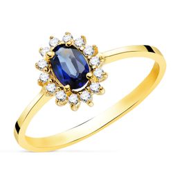 18K Sortija Oro Amarillo Zafiro 6X4 Mm 0,62 Qts. Diamantes 0,140 Qts. Vs2-G 9, 5X8 Mm