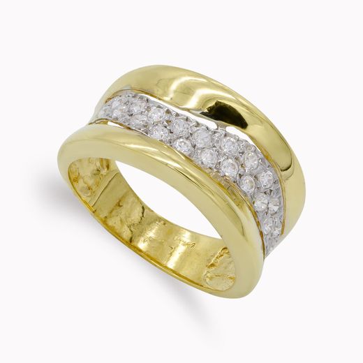18K Sortija Oro Bicolor Banda Con Circonita Y Bandas. Ancho: 10,5 Mm