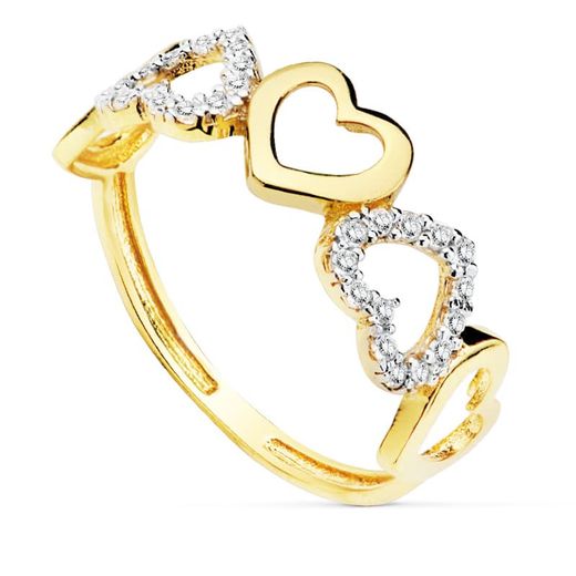 18K Sortija Oro Bicolor Cinco Corazones Lisos Y Con Circonitas