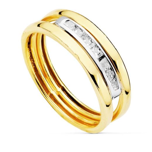 18K Sortija Oro Bicolor Circonita Dos Cuerpos. Ancho: 6,5 Mm