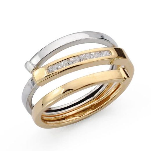 18K Sortija Oro Bicolor Con Circonita Tres Cuerpos. Ancho: 7,5 Mm