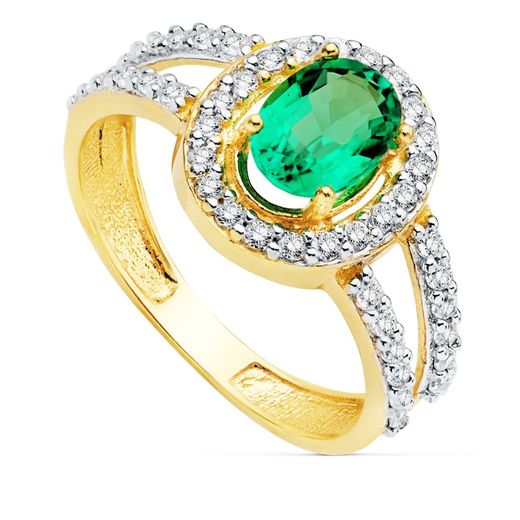 18K Sortija Oro Bicolor Con Circonita Y Esmeralda 0.79 Qtes De 7X5 Mm