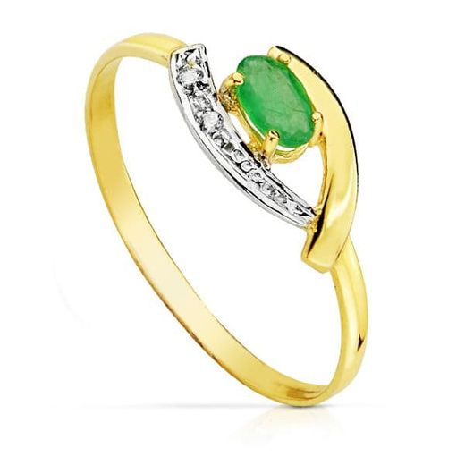 18K Sortija Oro Bicolor Con Circonita Y Esmeralda 5X3 Mm