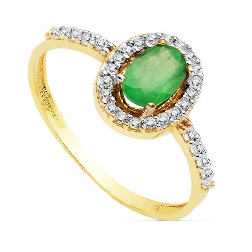 18K Sortija Oro Bicolor Con Circonita Y Esmeralda De 6X4 Mm