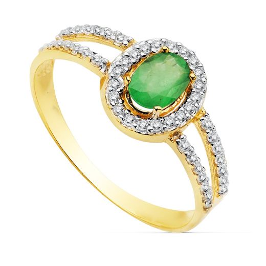 18K Sortija Oro Bicolor Con Circonita Y Esmeralda De 6X4 Mm