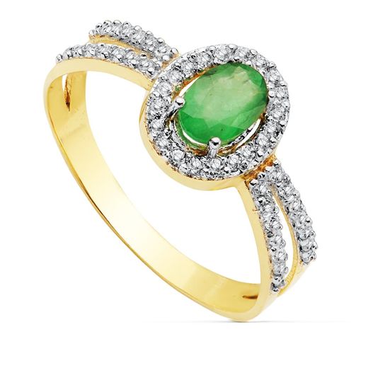 18K Sortija Oro Bicolor Con Circonita Y Esmeralda Oval 6X4 Mm