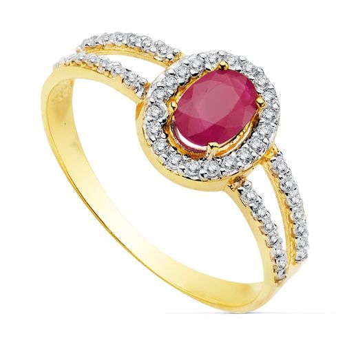 18K Sortija Oro Bicolor Con Circonita Y Rubi De 6X4 Mm