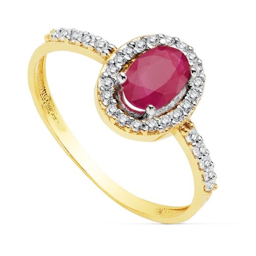 18K Sortija Oro Bicolor Con Circonita Y Rubi De 6X4 Mm