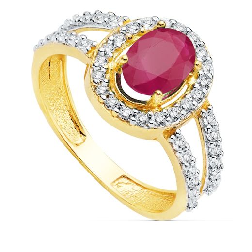 18K Sortija Oro Bicolor Con Circonita Y Rubi De 7X5 Mm