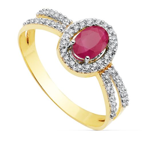18K Sortija Oro Bicolor Con Circonita Y Rubi Oval 6X4 Mm