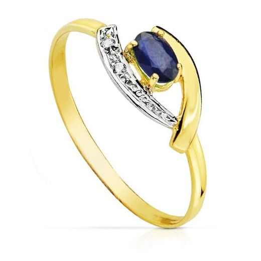 18K Sortija Oro Bicolor Con Circonita Y Zafiro 5X3 Mm