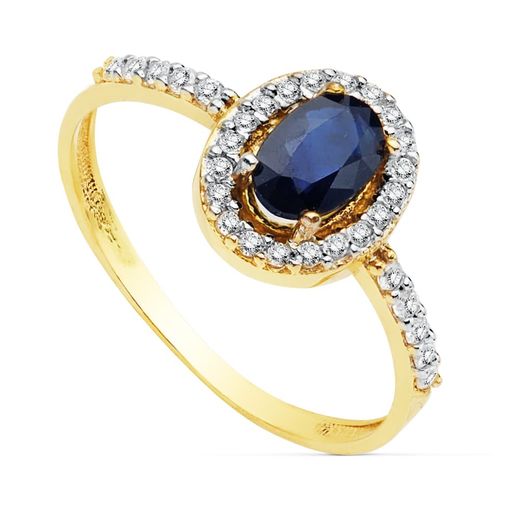 18K Sortija Oro Bicolor Con Circonita Y Zafiro De 6X4 Mm