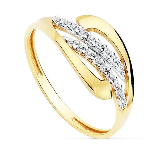 18K Sortija Oro Bicolor Con Circonitas. Ancho: 9 Mm