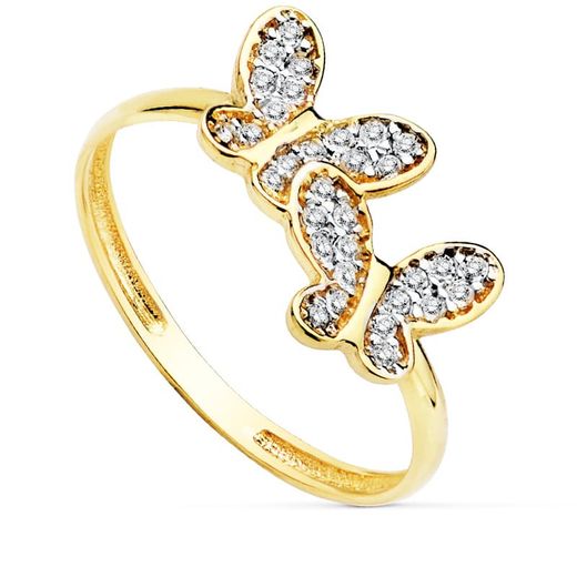 18K Sortija Oro Bicolor Con Dos Mariposas Y Alas De Circonitas