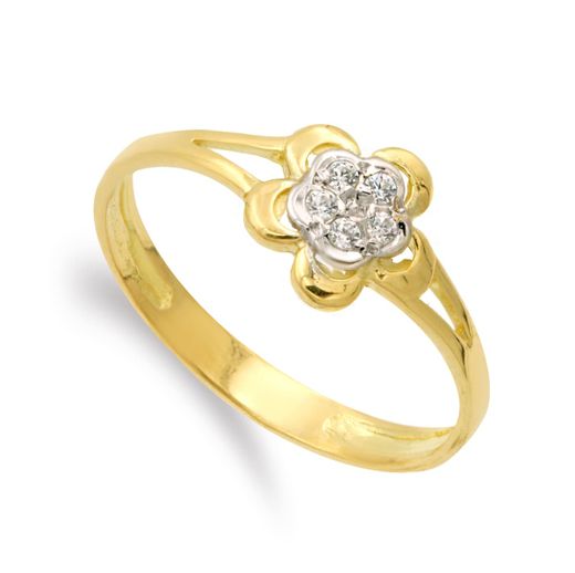 18K Sortija Oro Bicolor Con Flor Y Circonita 7 Mm Cuerpo 2 Mm