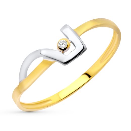 18K Sortija Oro Bicolor Con Motivo Geometrico Y Circonita. Ancho: 5,5 Mm