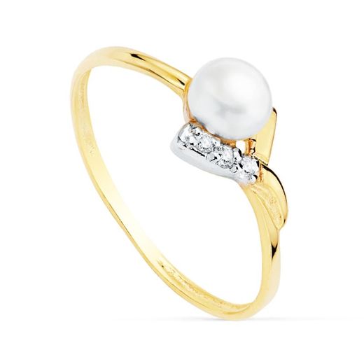 18K Sortija Oro Bicolor Con Perla 4,5 Mm Y Circonitas. Ancho: 7 Mm