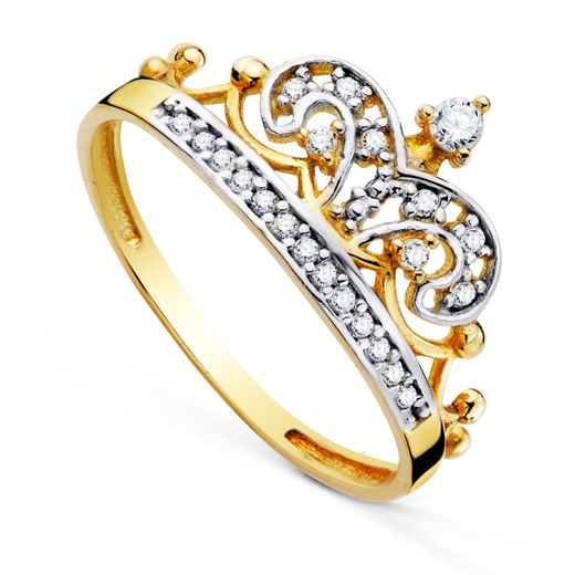 18K Sortija Oro Bicolor Corona Con Circonitas. Ancho: 10 Mm