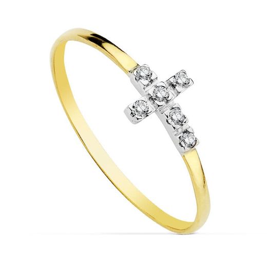 18K Sortija Oro Bicolor Cruz Con Circonitas. Medida: 7,5 X 5,5 Mm