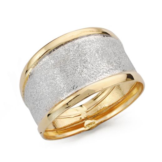 18K Sortija Oro Bicolor Diamantada Bordes En Brillo. Ancho: 11 Mm