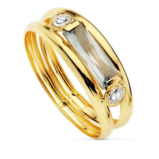 18K Sortija Oro Bicolor Doble Cuerpo Con Circonita Rectangular Aguamarina. Ancho: 4 Mm