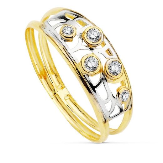 18K Sortija Oro Bicolor Doble Cuerpo Con Circonita Y Motivos Calados. Ancho: 7 Mm