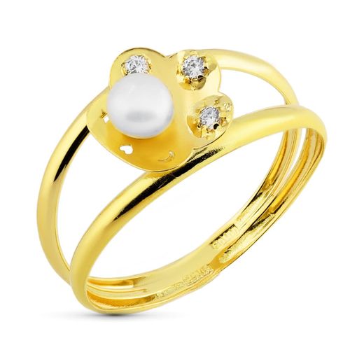 18K Sortija Oro Bicolor Doble Cuerpo Flor Con Perla 4 Mm Y Circonitas. Ancho: 9 Mm