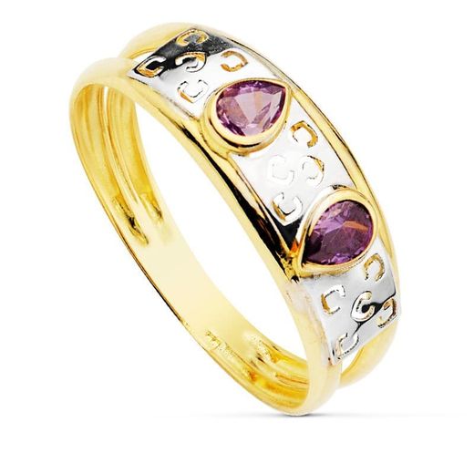 18K Sortija Oro Bicolor Doble Cuerpo Motivo Calado Y Circontias Amatsita. Ancho: 4 Mm