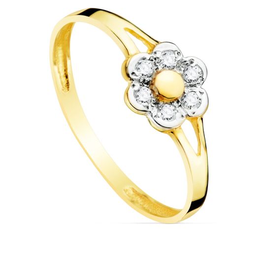 18K Sortija Oro Bicolor Flor Con Circonita 13X7 Mm Ancho Cuerpo 1.5 Mm