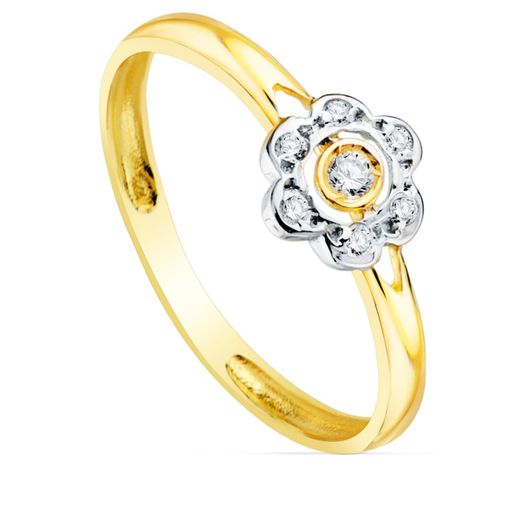 18K Sortija Oro Bicolor Flor Con Circonita 6X6 Mm Ancho Cuerpo 2 Mm