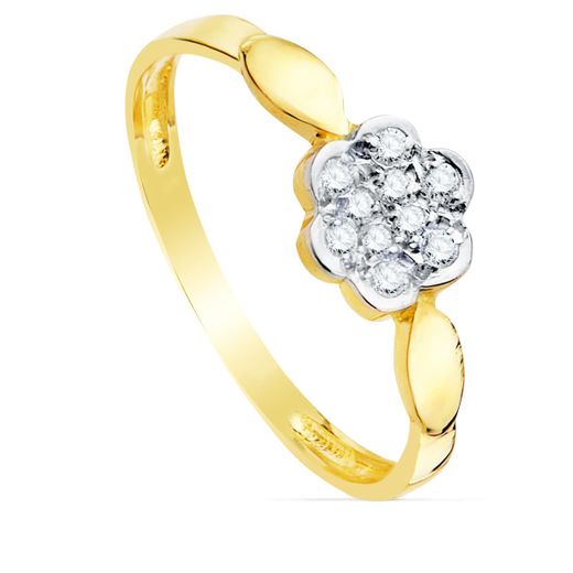 18K Sortija Oro Bicolor Flor Con Circonita. Ancho: 6,5 Mm