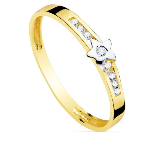 18K Sortija Oro Bicolor Flor Con Circonita Carril. Ancho: 4 Mm