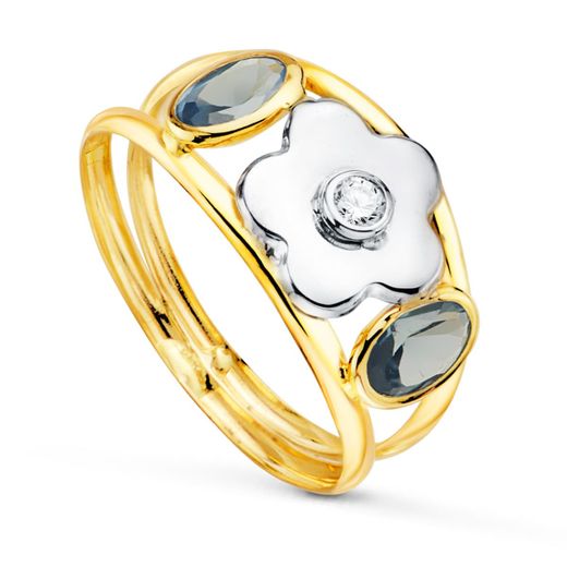 18K Sortija Oro Bicolor Flor Con Circonita Y Circonita Aguamarina Ovales Ancho: 9 Mm