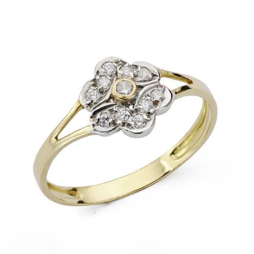18K Sortija Oro Bicolor Flor Con Circonitas. Ancho: 8 Mm