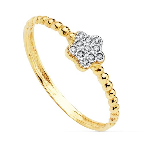 18K Sortija Oro Bicolor Flor De 5 Mm Con Circonita Cuerpo Bolitas