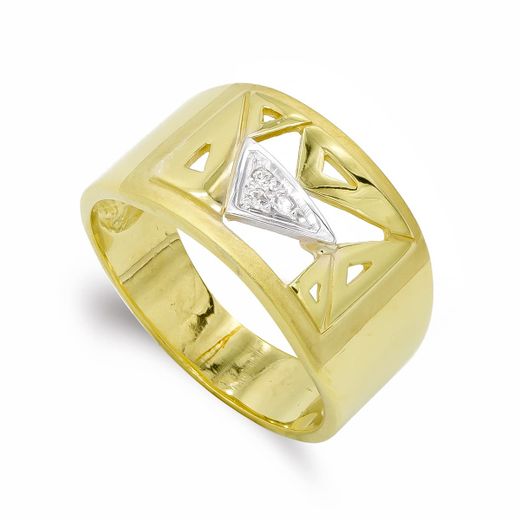 18K Sortija Oro Bicolor Maciza Triangulos Calados. Ancho: 11 Mm