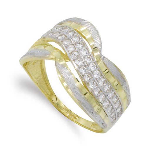 18K Sortija Oro Bicolor Macizo Con Circonitas. Ancho: 14 Mm