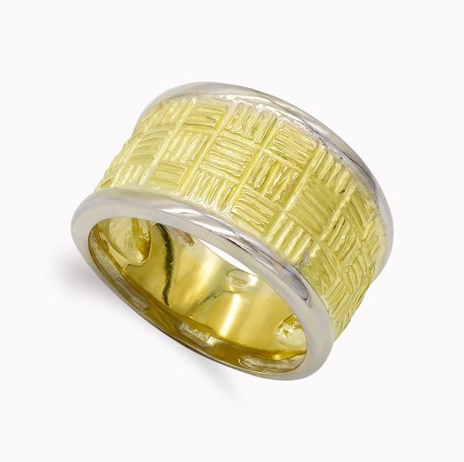18K Sortija Oro Bicolor Macizo Cuadrados Y Bordes Brillo. Ancho: 12,5 Mm