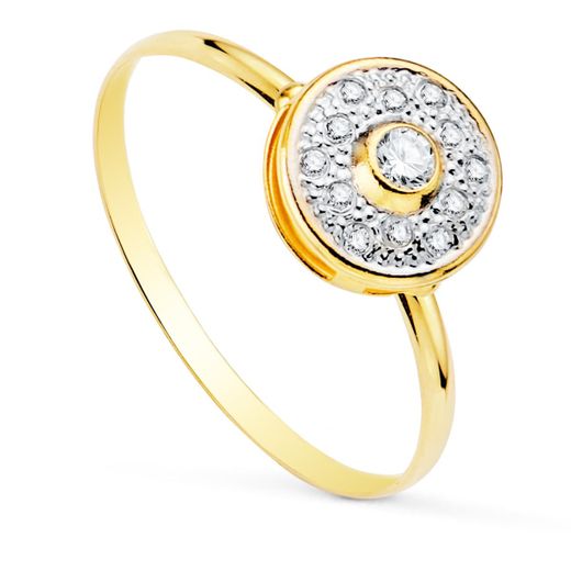 18K Sortija Oro Bicolor Motivo Redondo Con Circonita 8 Mm Ancho Cuerpo 1.2 Mm
