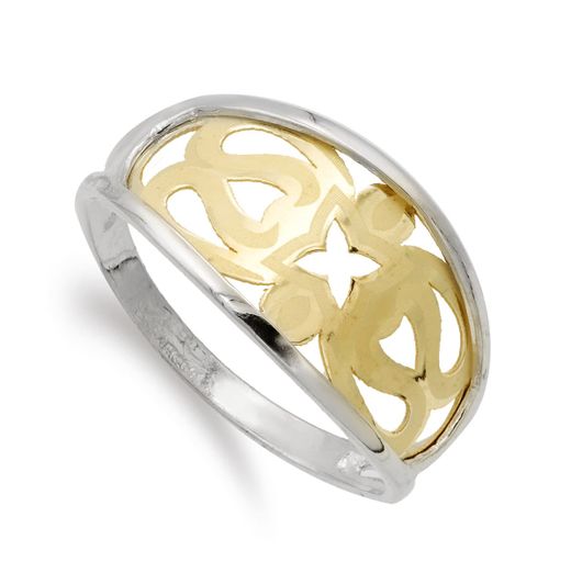 18K Sortija Oro Bicolor Motivos Calados. Ancho: 11 Mm