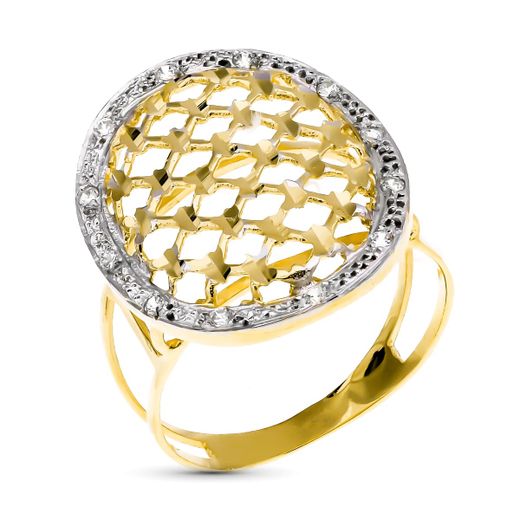 18K Sortija Oro Bicolor Oval Tallada Con Borde De Circonita 25X20 Mm