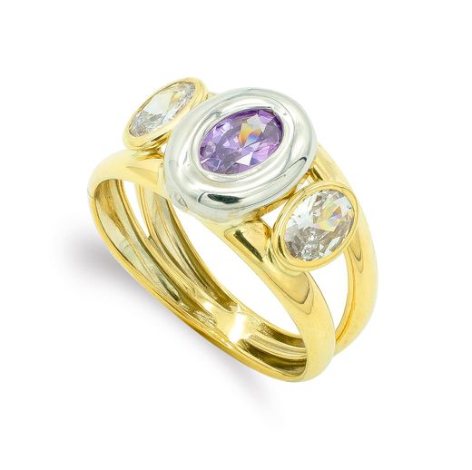 18K Sortija Oro Bicolor Piedra Doble Cuerpo Circonita Amatista Oval En Bocel. Ancho: 10 Mm