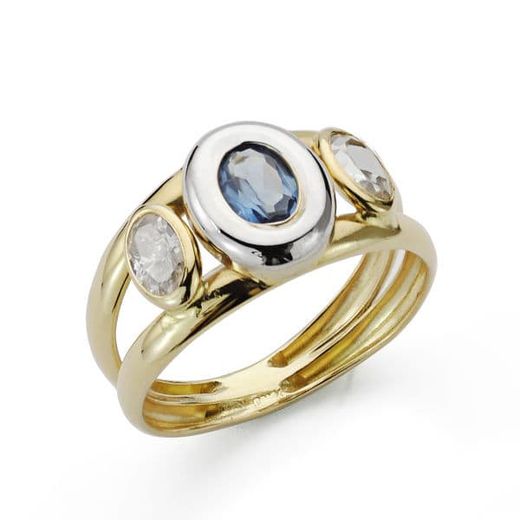 18K Sortija Oro Bicolor Piedra Doble Cuerpo Con Circonita Aguamarina Oval En Bocel. Ancho: 10 Mm