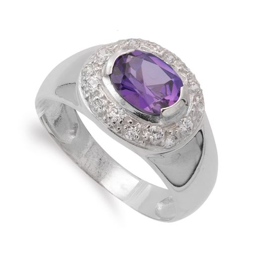 18K Sortija Oro Blanco Amatista Y Circonitas. Ancho: 13 Mm