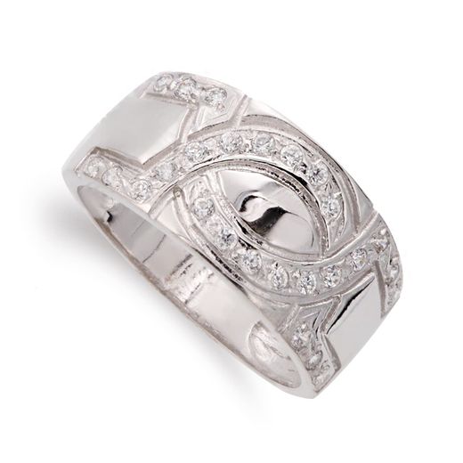 18K Sortija Oro Blanco Ancha Con Circonitas. Ancho: 10 Mm