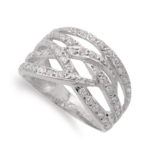 18K Sortija Oro Blanco Bandas Con Circonita Ancho 12 Mm Cuerpo 4 Mm