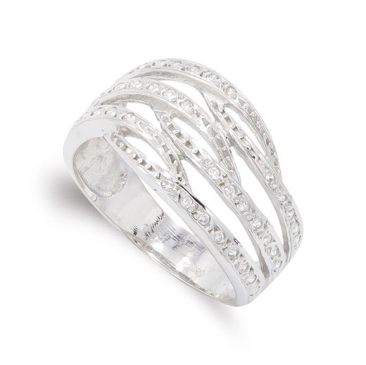 18K Sortija Oro Blanco Bandas Con Circonitas. Ancho: 11,5 Mm